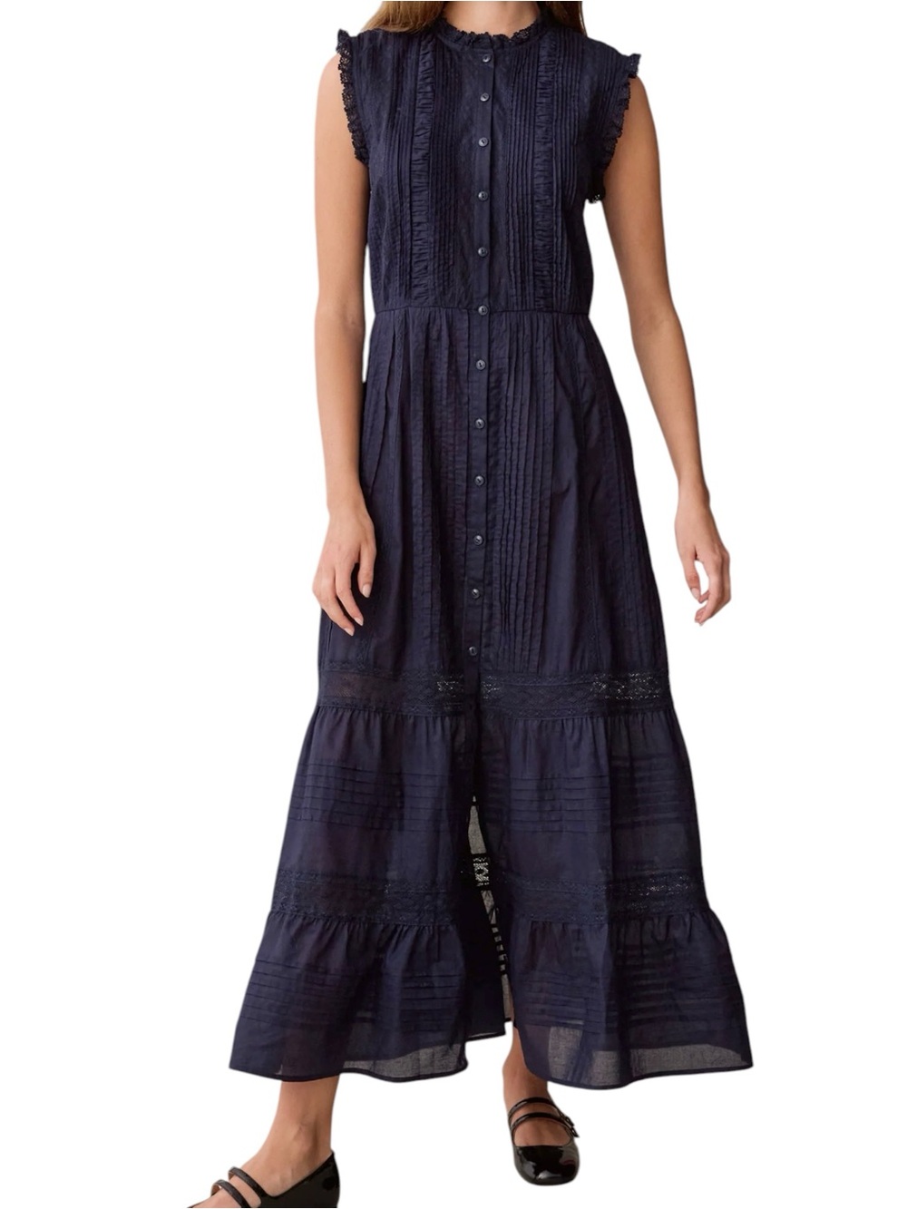 Sorella Few Moda Primrose Cotton Dress Navy Blue Lace Trim NWT